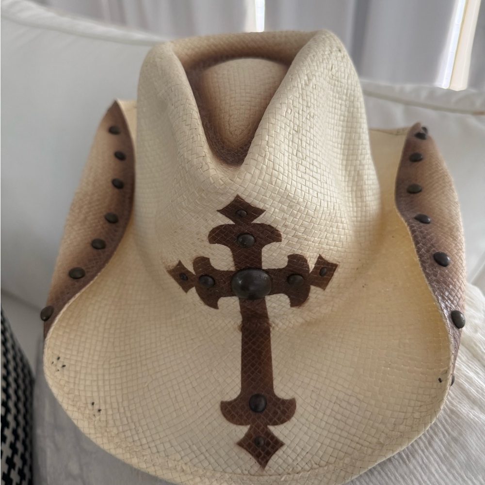 Vintage straw Cowboy Hat with Cross Design